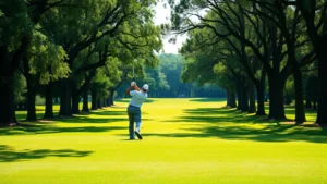 Golfer mid-swing on a lush fairway with mature trees framing the hole, natural sunlight creating depth, professional golf course maintenance visible