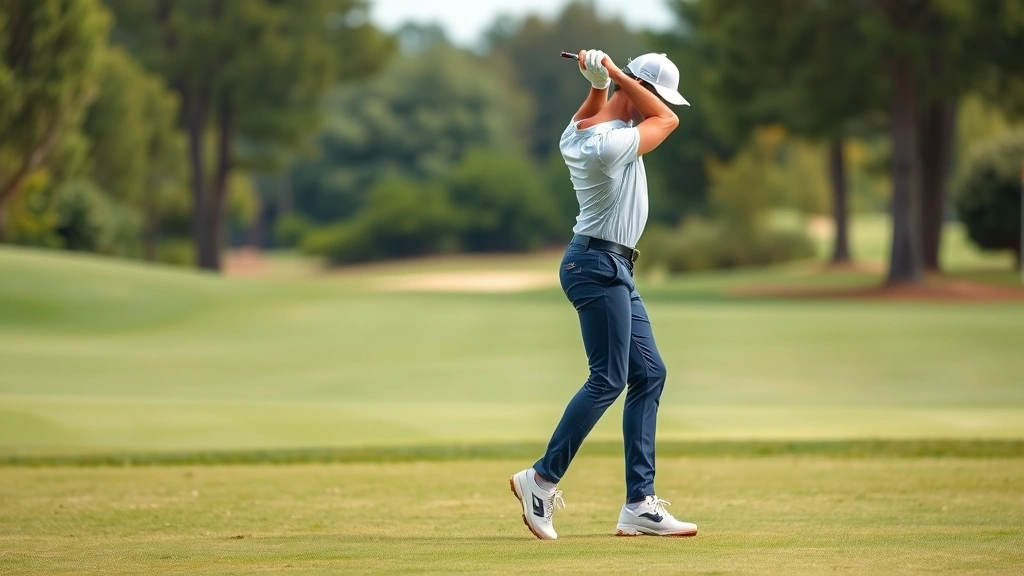Golfer in perfect athletic stance and posture preparing to swing, showing proper knee flex, hip hinge, and arm positioning, on golf course fairway with green grass