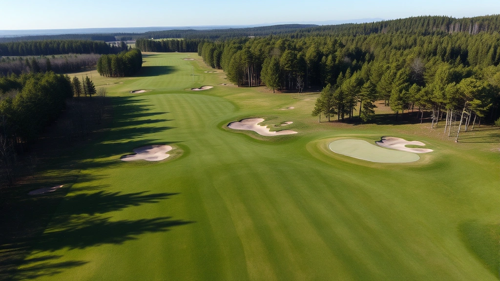 Wide aerial view of a scenic golf course with multiple holes visible, green fairways contrasting with sand bunkers, forested areas in background, clear sky