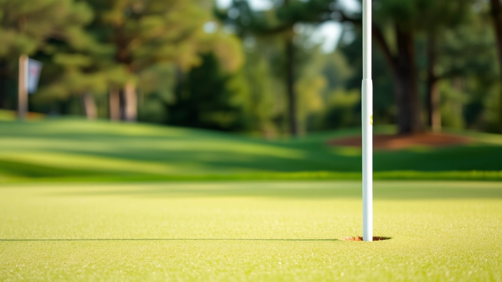 Close-up of well-manicured putting green with flag stick, smooth grass surface, natural landscape and trees in soft focus background, professional course conditions
