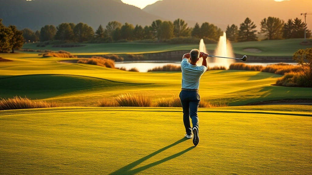 Professional golfer mid-swing on pristine fairway with manicured greens and natural water features in background, golden hour lighting, lush landscaping