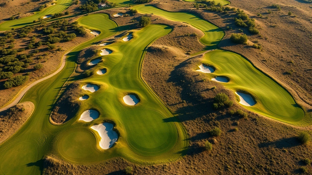 Aerial view of championship golf course showing multiple holes with varied terrain, bunkers, and natural vegetation, scenic landscape throughout