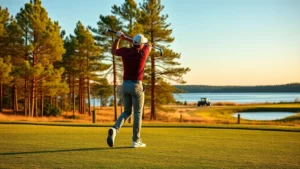 Professional golfer mid-swing on fairway with natural Minnesota landscape, pine trees and water hazard visible in background, golden hour lighting, clear blue sky