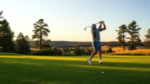 Golfer mid-swing on lush fairway with Minnesota pine trees and natural landscape in background, golden hour lighting, professional photography