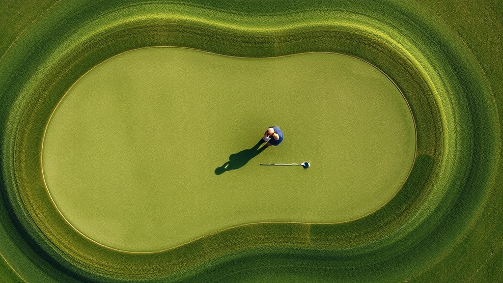 Overhead view of golf green with subtle slope contours, golfer studying putting line from multiple angles, manicured grass with natural rough surrounding green