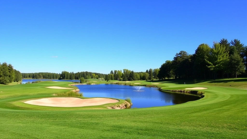 Scenic hole with water feature and bunkers, natural Minnesota terrain, clear blue sky, manicured grass, no people visible, daytime