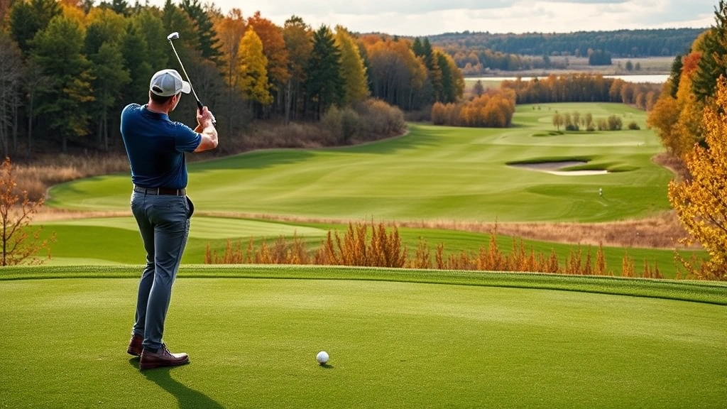 Golfer addressing ball on tee box with scenic Minnesota course layout visible, fairway stretching into distance with strategic bunker placement, autumn foliage framing hole