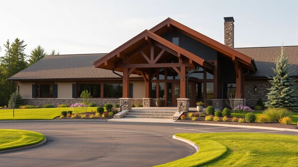 Golf course clubhouse exterior with modern design, welcoming entrance, manicured grounds, natural Minnesota setting, professional landscape photography
