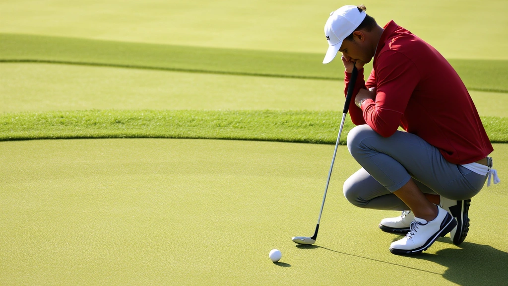 Golfer studying green contours and reading slope before putting, kneeling beside ball on executive course green, analyzing line from multiple angles, concentration evident, well-maintained putting surface