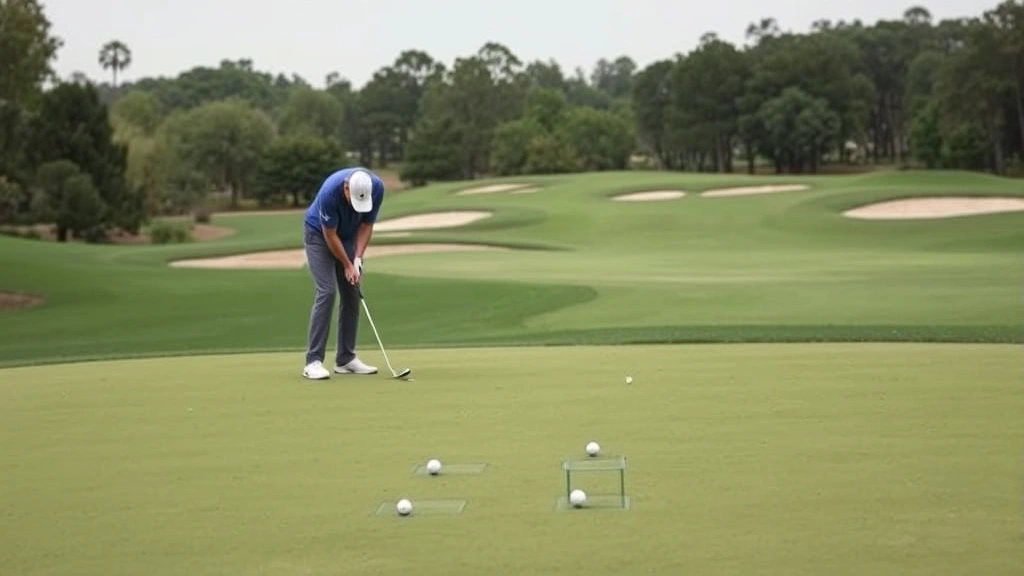 Golfer practicing chipping shots near practice green, hitting multiple short approach shots to different targets, demonstrating technique and control, executive course setting with bunkers visible in background