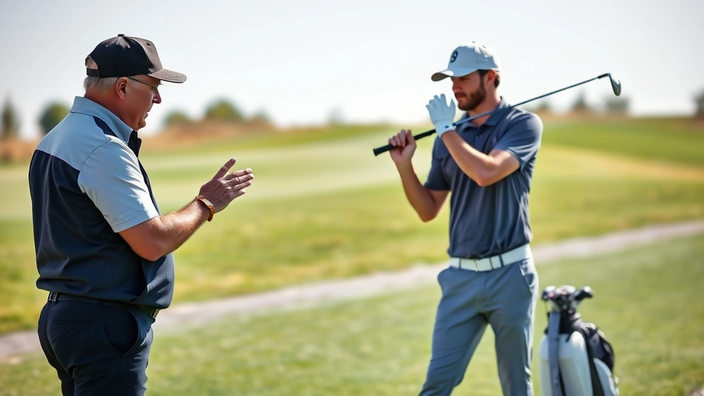 Professional golf instructor providing feedback to student golfer on driving range, showing proper swing mechanics, realistic lighting, outdoor setting