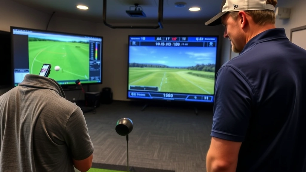 Golfer reviewing shot data on launch monitor with coach, analyzing swing metrics and ball flight information, indoor facility, collaborative learning moment