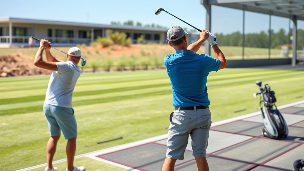 Beginner golfer practicing swing on driving range with PGA instructor providing feedback, modern golf facility with practice balls and targets visible, sunny day, natural outdoor setting