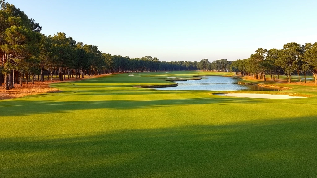 Scenic golf course fairway with water hazard and bunkers, wide landing area visible, tree-lined edges, professional course maintenance, morning light, no golfers in frame