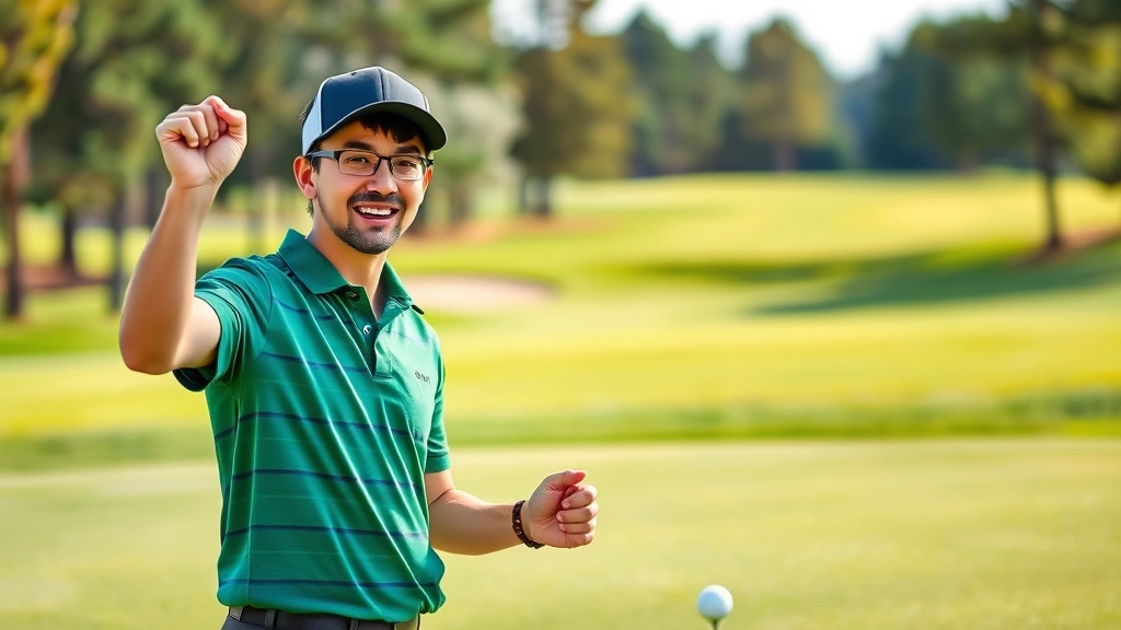 Young adult golfer celebrating successful putt on green, confident expression, golf course background, natural outdoor lighting, positive learning moment captured