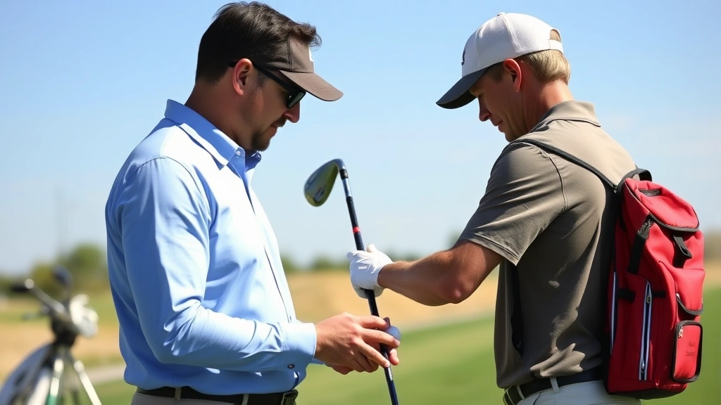 Professional golf instructor demonstrating proper grip and stance to student golfer on practice range with driving range balls and golf clubs, sunny day, realistic outdoor setting