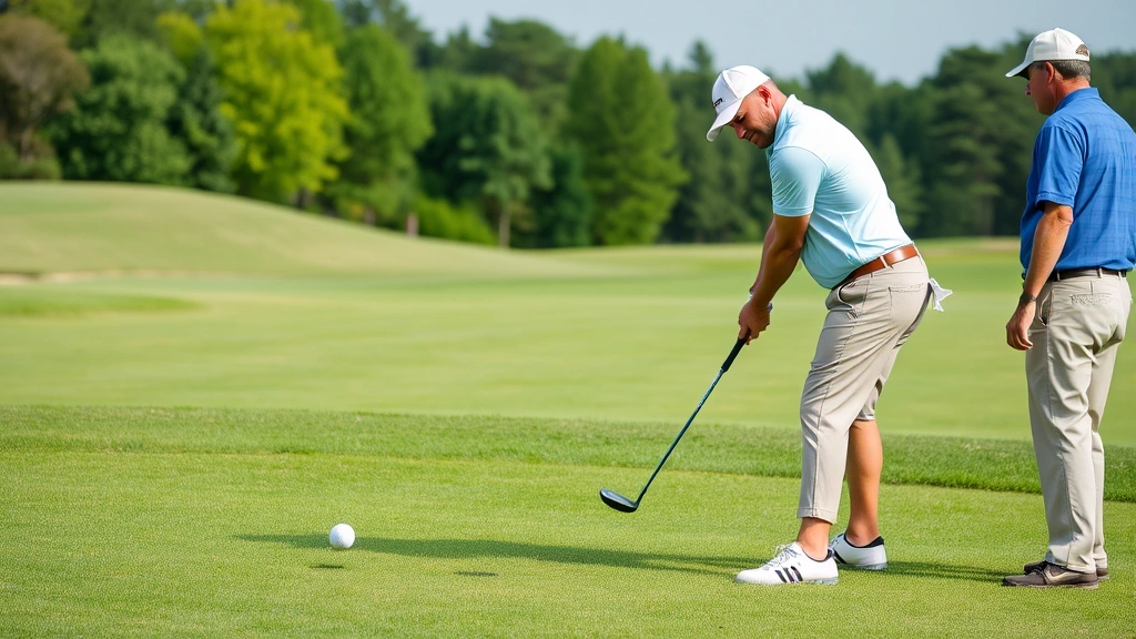 Golfer hitting chip shot from grass near green during lesson, focused expression, instructor observing nearby, natural course setting with trees in background