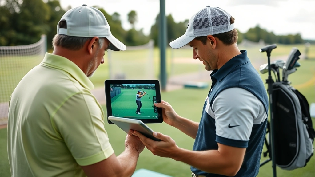 Golf coach and student reviewing swing video analysis on tablet at practice facility, both studying screen intently, professional learning environment with practice nets visible