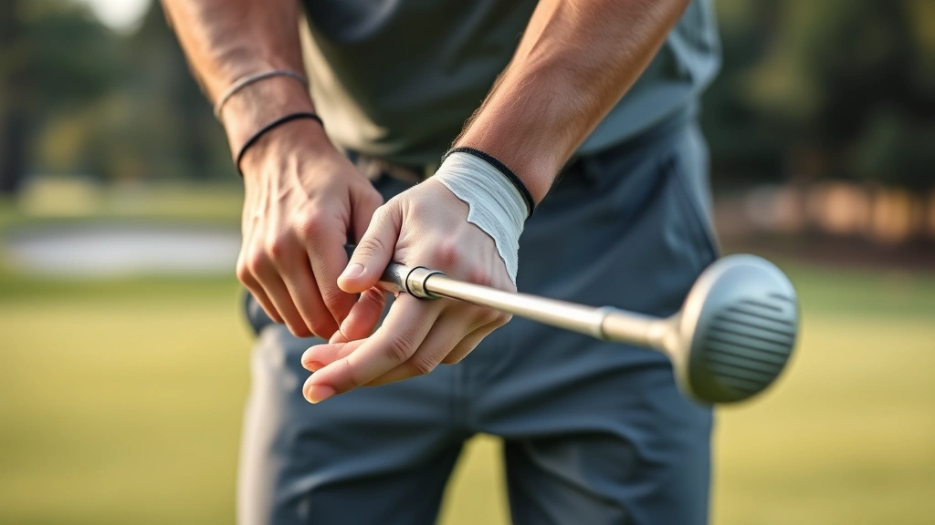 Professional golfer demonstrating proper grip technique on golf club, hands positioned correctly showing overlapping grip style, outdoor golf course setting with manicured fairway in soft natural lighting