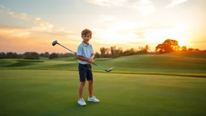 Young golfer at sunset on fairway practicing proper stance and grip, focused expression, holding driver club, manicured grass course in background