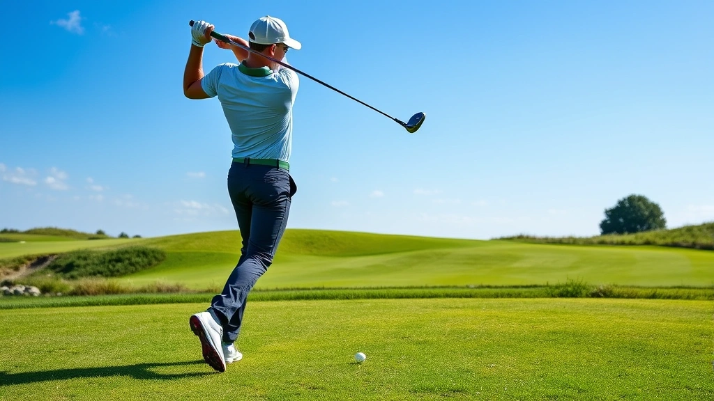 Golfer in complete follow-through position on fairway, body facing target, proper weight transfer demonstrated, beautiful golf course landscape with green grass and blue sky background