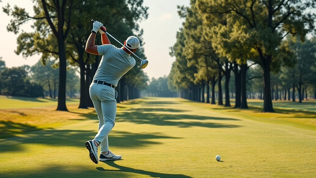 Golfer mid-swing on par-4 hole with trees lining fairway, dynamic motion capture showing body rotation and balance, professional form