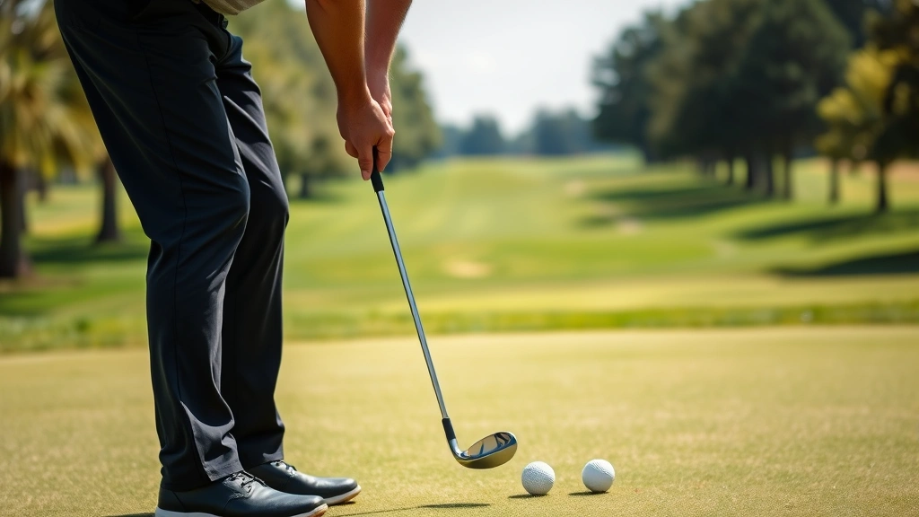 Golfer chipping near green with short game technique, focused posture and hand position ahead of ball, manicured golf course green and fairway visible, natural daylight photography