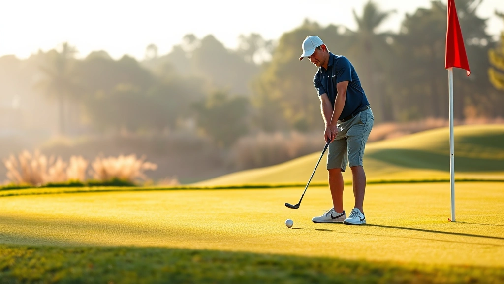 Beginner golfer chipping near green with golf ball mid-flight toward flag, peaceful morning light on practice area, concentrated facial expression