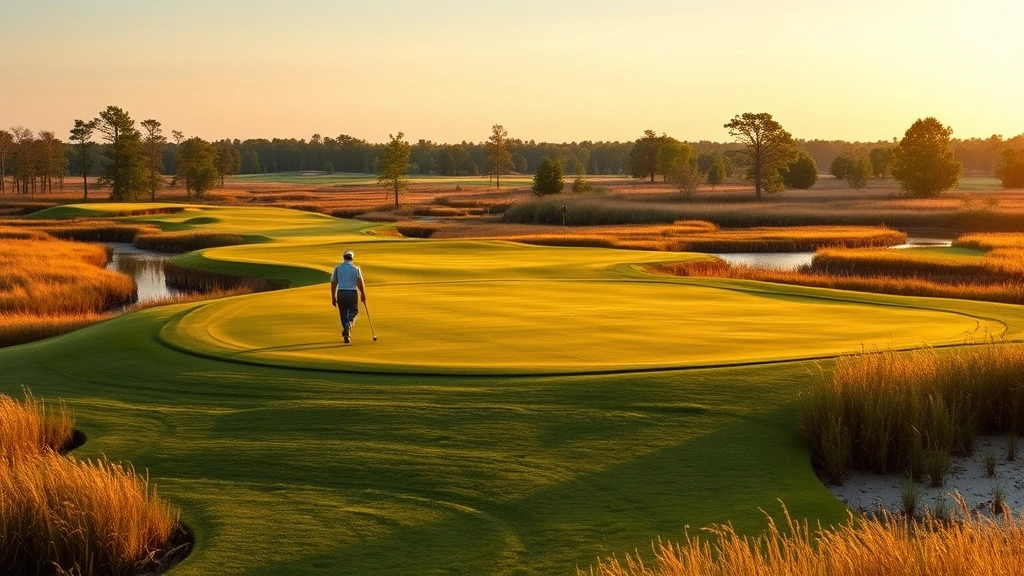 Golfers walking on perfectly manicured fairway surrounded by natural marshland and native grasses, golden hour lighting, Indiana landscape