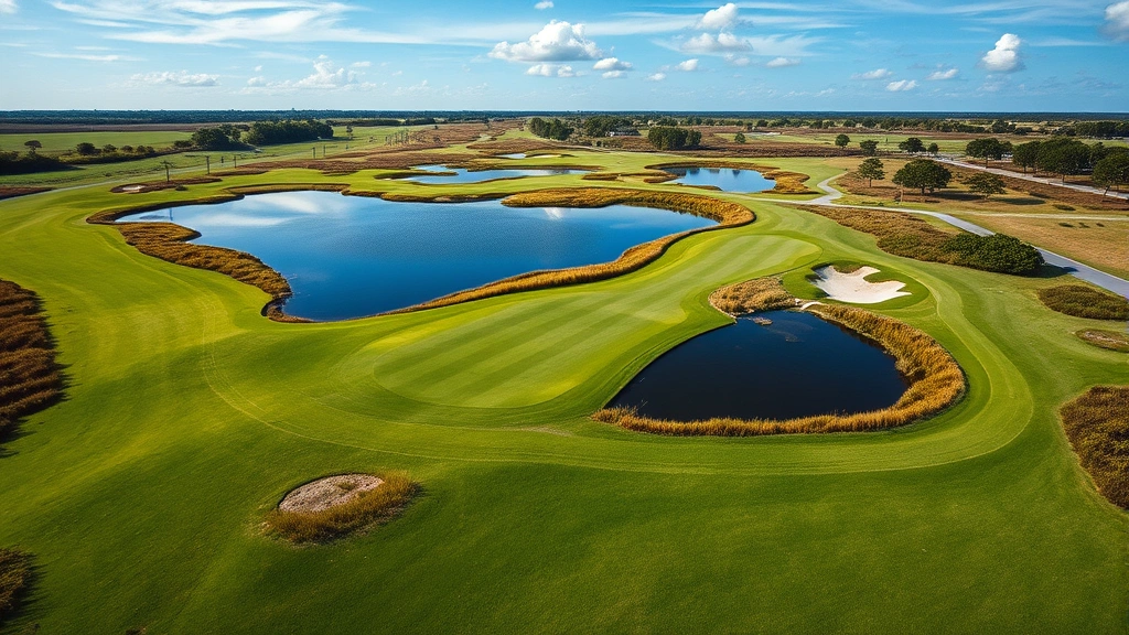 Aerial view of golf course hole with water hazard reflecting blue sky, bunkers visible, lush green fairway, natural wetland ecosystem