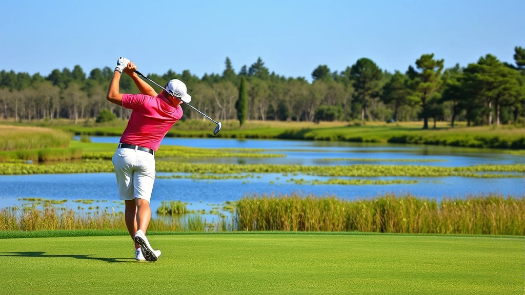 Golfer mid-swing on scenic hole with marsh vegetation and trees in background, professional stance, natural outdoor setting