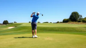 Golfer teeing off on fairway with manicured grass and clear blue sky, professional golf course setting, natural lighting, wide angle view of hole layout