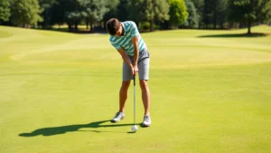 Beginner golfer in proper stance addressing the ball on a sunny fairway with natural lighting, showing correct posture and alignment without any text or markers visible