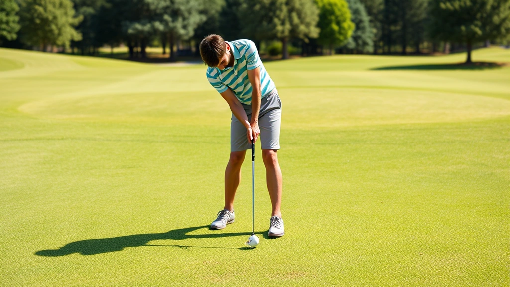 Beginner golfer in proper stance addressing the ball on a sunny fairway with natural lighting, showing correct posture and alignment without any text or markers visible