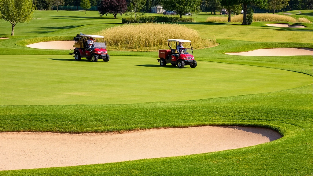 Golf course maintenance crew working on green with professional equipment, showing pristine grass conditions and bunker care, daytime outdoor scene