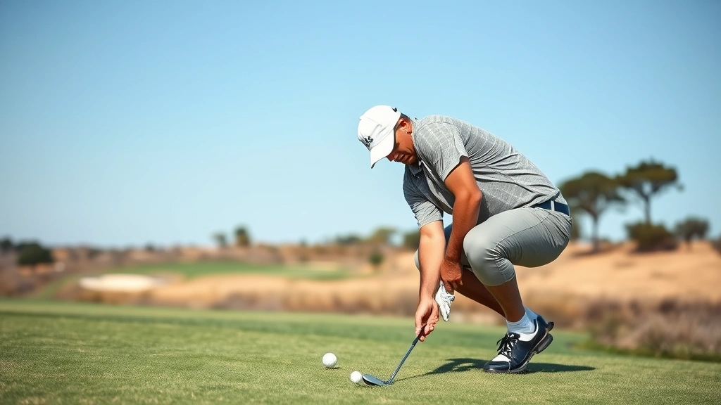 Golfer chipping near the green with focus and concentration, showing proper short-game technique with course landscape and clear sky in background, no text overlays