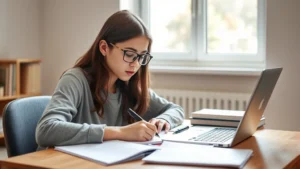 Student studying at desk with laptop and notes, focused expression, natural daylight from window, comfortable study environment, no visible text on materials