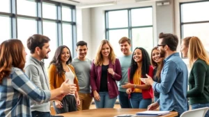 Diverse group of students collaborating in a modern classroom setting, engaged in animated discussion with open body language and genuine smiles, natural lighting from large windows