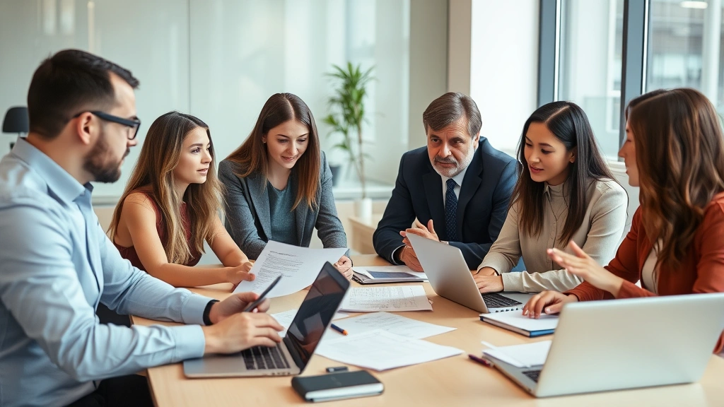 Mixed group of professionals in business casual clothing working together at a table with laptops and notebooks, examining documents and gesturing while speaking, modern office space with natural lighting