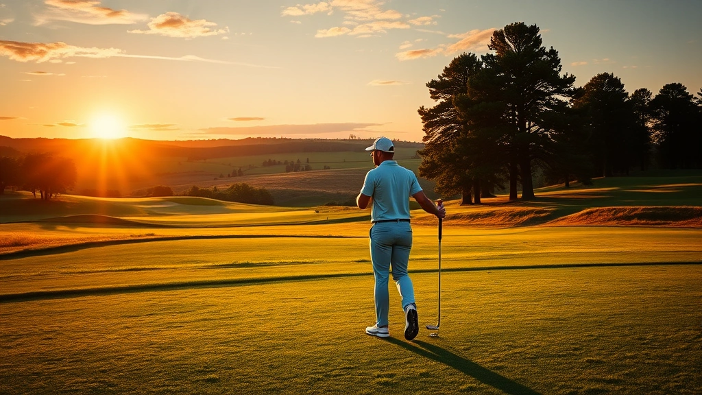 Golfer at address position on fairway during golden hour, showing proper posture and stance with beautiful green course landscape in background, peaceful and focused expression