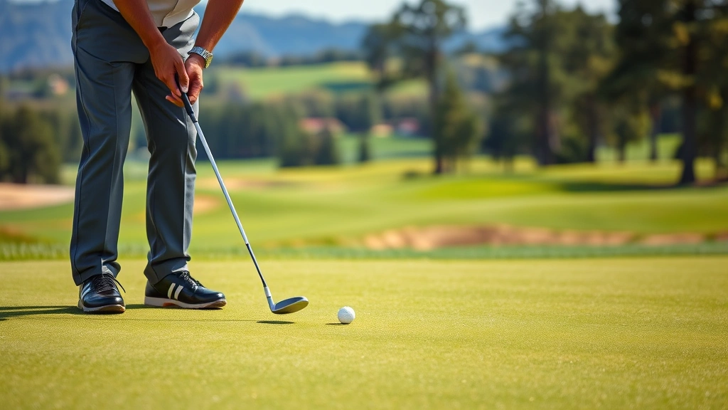 Golfer reading green with putter in hand, studying the contours and slopes before putting, standing on manicured putting surface with course scenery visible behind