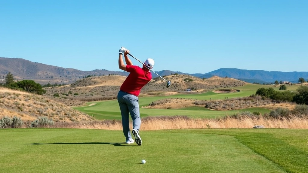 Professional golfer mid-swing on a scenic fairway with elevation changes, natural landscape features, no visible text or signage, daytime lighting with natural shadows