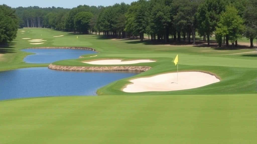 Golf course landscape showing strategically placed bunkers, water hazards, and manicured fairway with tree-lined background, wide angle scenic view, no people or text visible