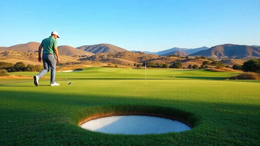 Golfer walking along picturesque golf course hole with natural terrain, rolling hills in background, clear sky, professional outdoor photography style, no visible text