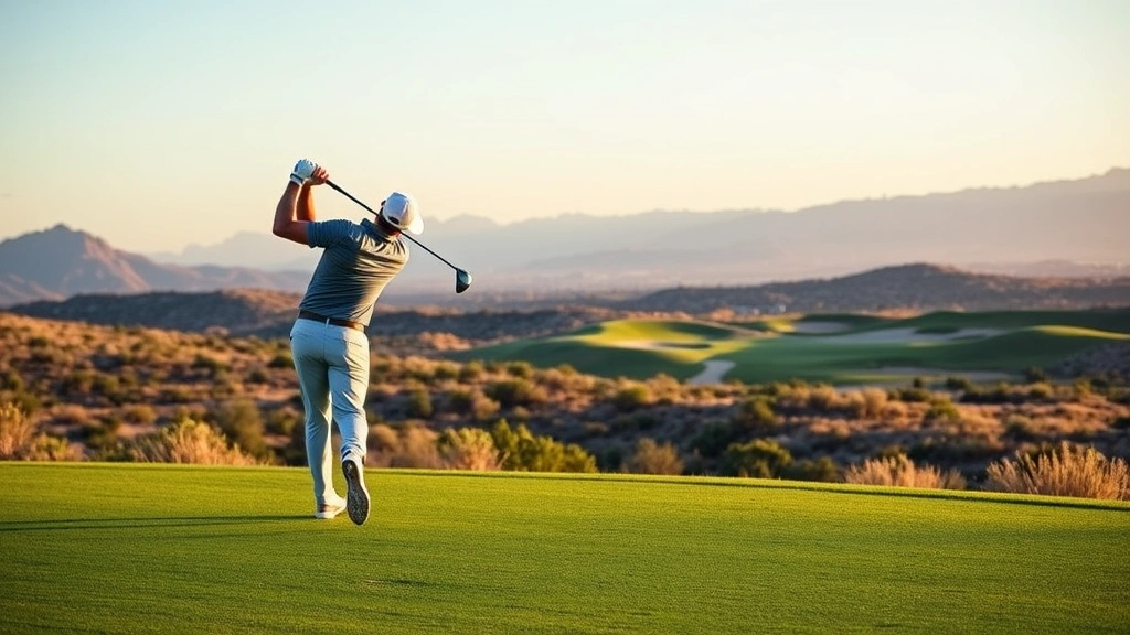 Professional golfer mid-swing on elevated fairway with native landscaping and bunkers visible in background, golden hour lighting, clear blue sky, no text or signage