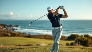 Professional golfer executing perfect swing at coastal golf course with ocean backdrop, focused expression, mid-downswing motion, dramatic lighting highlighting form