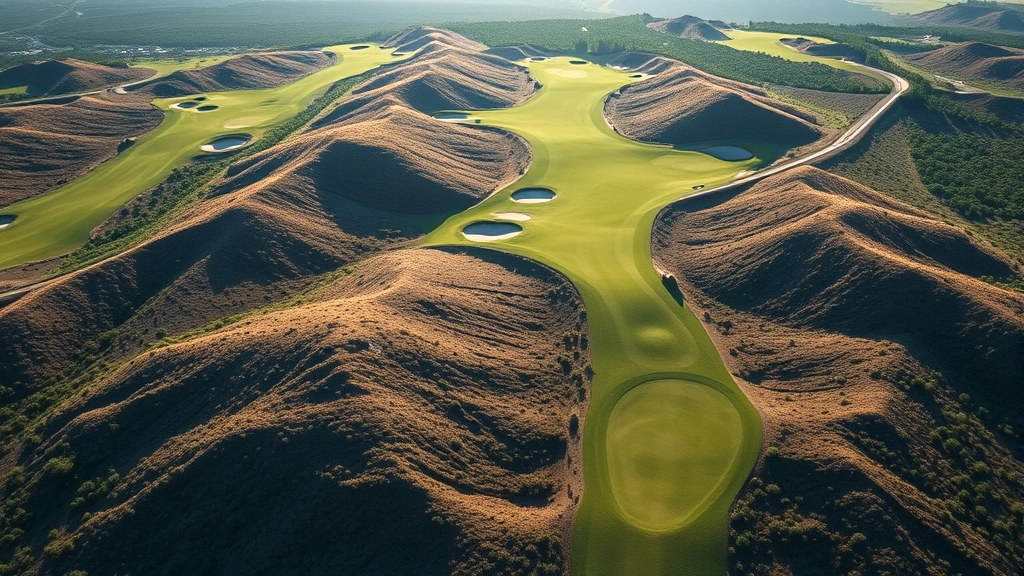 Aerial view of championship golf hole featuring elevation change, fairway routing through natural terrain with native vegetation, dramatic lighting showing course topography and strategic layout