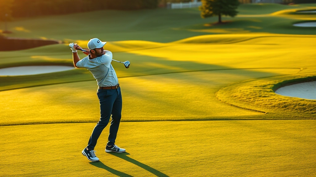 Professional golfer executing perfect swing form on pristine fairway with championship course maintenance, golden hour lighting, focused expression, athletic posture