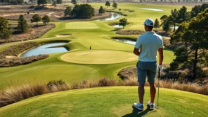 Golfer standing on elevated tee box overlooking fairway with water hazard visible, natural lighting showing course topography and strategic positioning