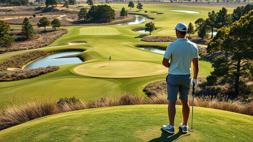 Golfer standing on elevated tee box overlooking fairway with water hazard visible, natural lighting showing course topography and strategic positioning